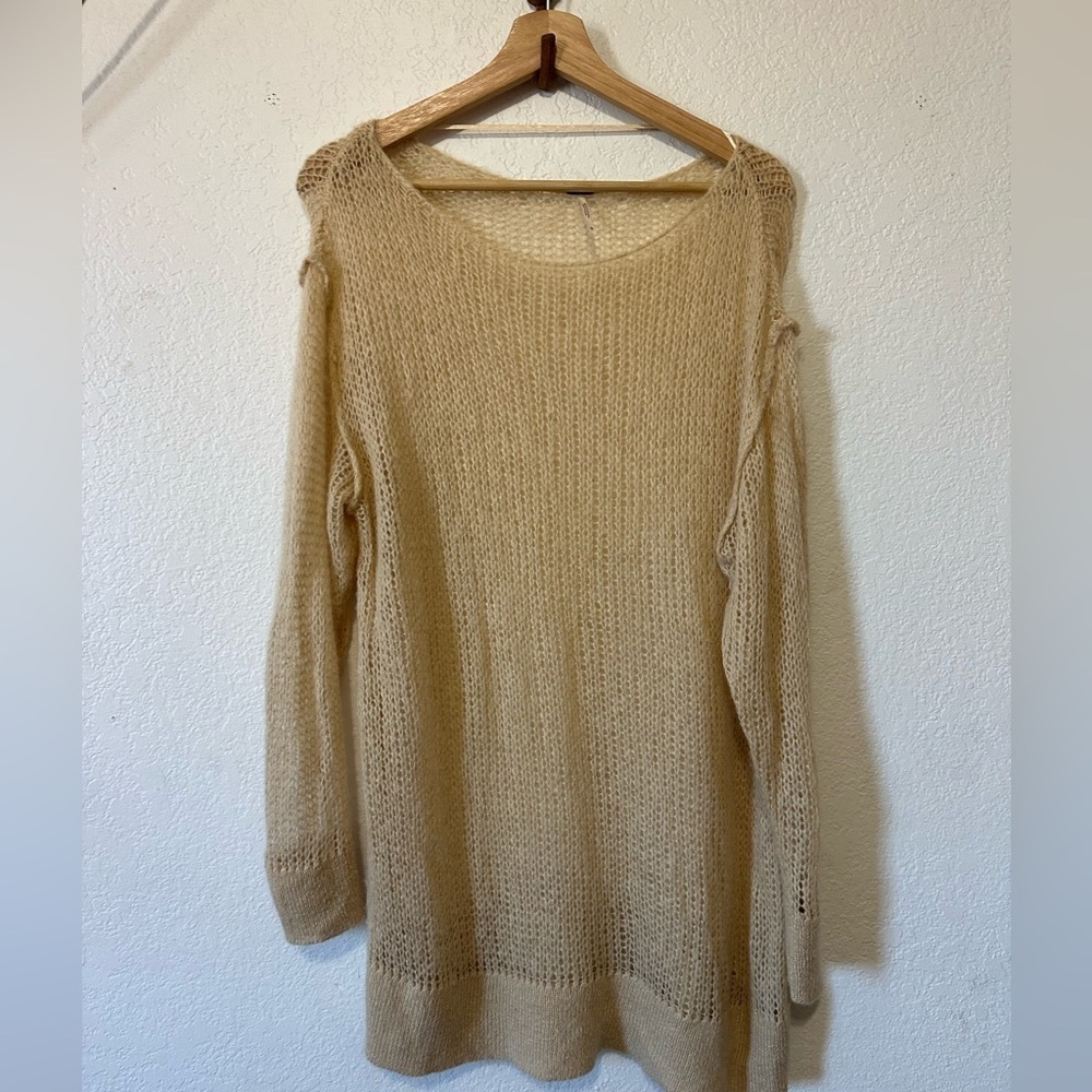 Free People Over Sized Boat neck Neutral Tan Mohair Blend Tunic Sweater - Small